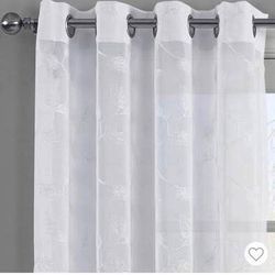 Embroidered Grommet Top Sheer Window Curtain  108" Long White 2 panels