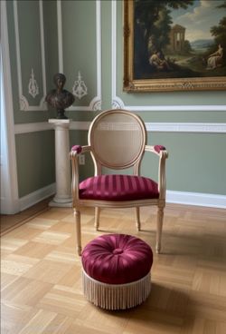 Louis XVI armchair features goldleaf frame deep red velvet upholstery Footstool 37.5"×28"×22"