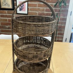 Vintage 3 Tier Wicker Rattan Basket Stand 