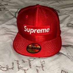 red satin world famous supreme box logo fitted