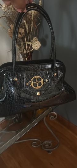 Iman Global Chic black patent faux crocodile leather handbag