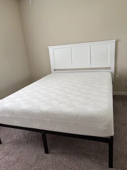 Queen Mattress, Bead Frame and White Wooden Queen Size Headboard Set