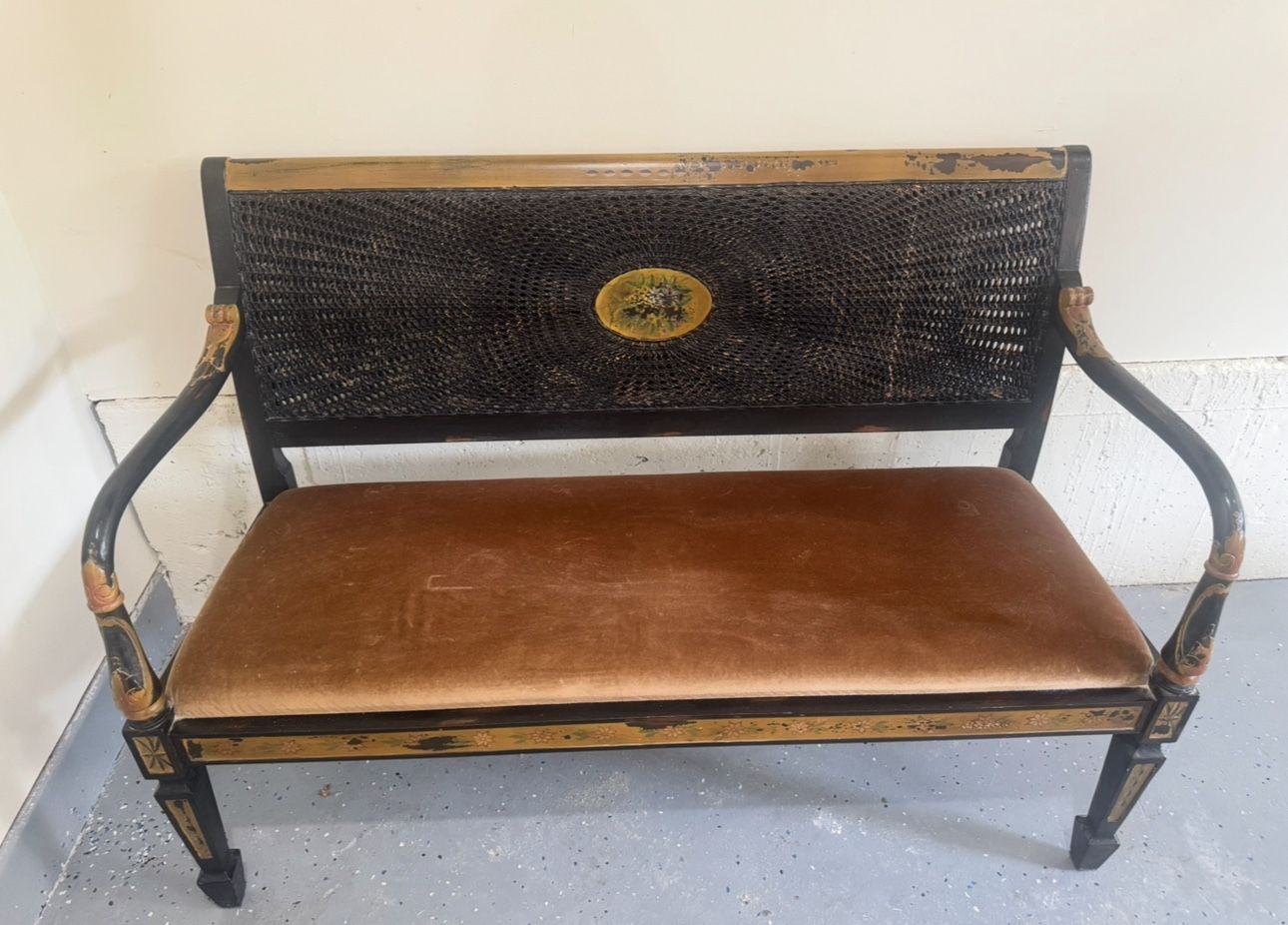 British Colonial Leather and Cane Back Bench Settee Loveseat