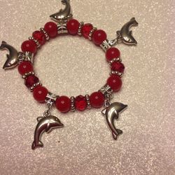 Red Beaded Dolphin Charm Bracelet 