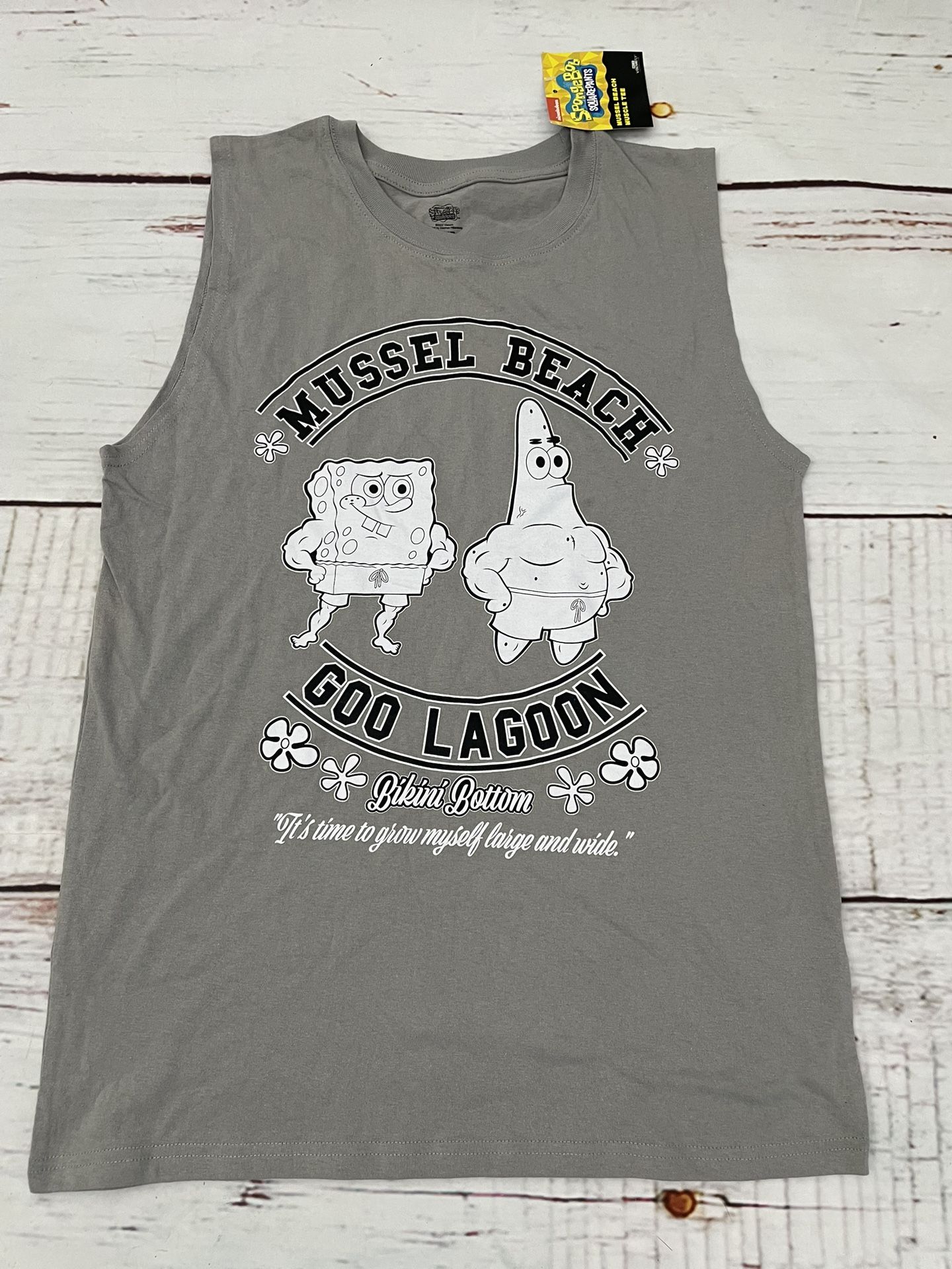 The Culturefly Spongebob Bikini Bottom Goo Lagoon Mussel Beach small Tank Top Shirt is a stylish unisex adults' tank top featuring a gray