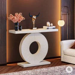 JO185X. White Table with Geometric Base, 40 inch Wood Entryway Table Sofa Table Narrow Long, Contemporary Accent Table for Living Room, Entryway,