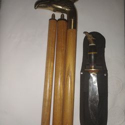 Vintage Brass Eagle Head 3 Piece Cane With Matching Utility Blade
