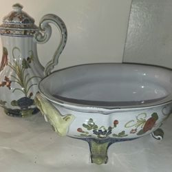 Vintage Faenza Made In Italy Set Of Tureen (No Lid) and Pitcher with Chip on Lid