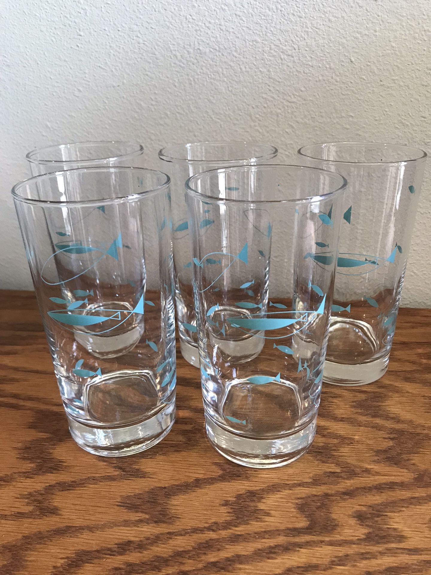 SET OF 5 VINTAGE MID CENTURY ATOMIC FISH DRINKING GLASSES