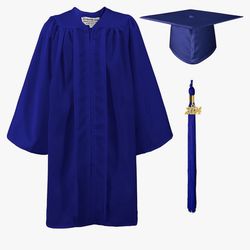 Child blue graduation cap, gown, and tassel set.  Tassel includes removable charms for 2023 and 2024.
