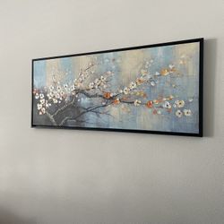 Hand-Painted Flowers Oil Painting On Canvas Large Wall Art for Living Room,Framed Modern Wall Decor,Plum Blossom Oil Painting Wall Art,Tree Teal Blue 