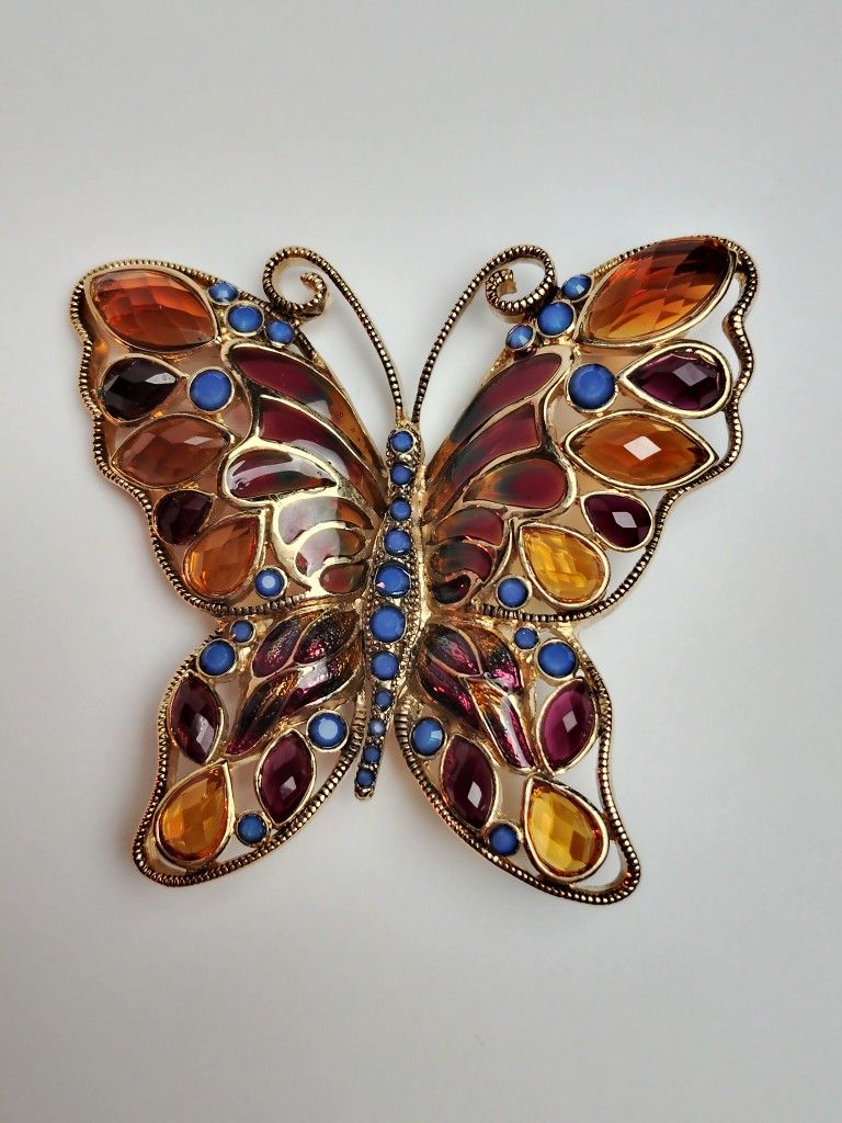 MONET Butterfly Large Vintage Brooch Pin Gold Tone with Rhinestones