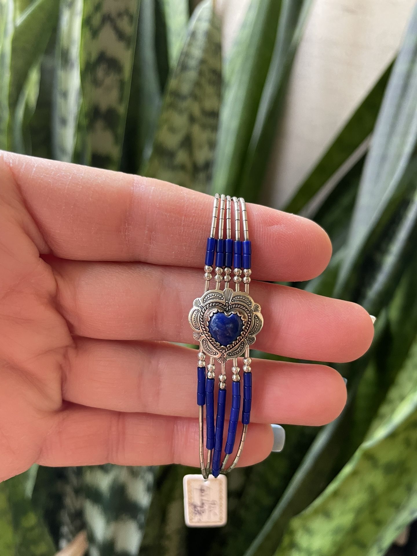 Sterling Silver and Blue Beaded Lapis Lazuli Heart Bracelet