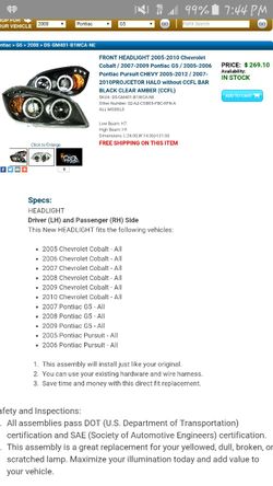 Chevy cobalt pontiac g5 and pursuit headlights