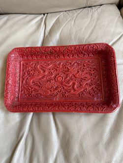 Vtg Chinese Carved Cinnabar rectangular decorative Tray