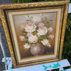 Rose Oil Painting Gold Frame vintage Art Boho Shabbychic  Floral  country french