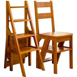 Brand new four step folding ladder, chair, stool combo in light walnut.