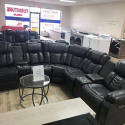 Gray Sectional Recliner With Bluetooth Speaker&Led Light 