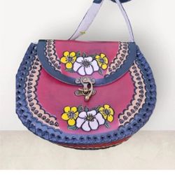 Mexican Hand Tooled Leather Handbag Purse Genuine Leather FLOWERS 