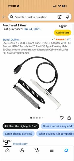 USB 3.2 Gen 2 USB-C Front Panel Type-C Adapter with PCI Bracket