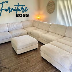 Large Sectional Sofa - 7pc Modular Sectional With Soft Corduroy Fabric & Extra Large Chaise
