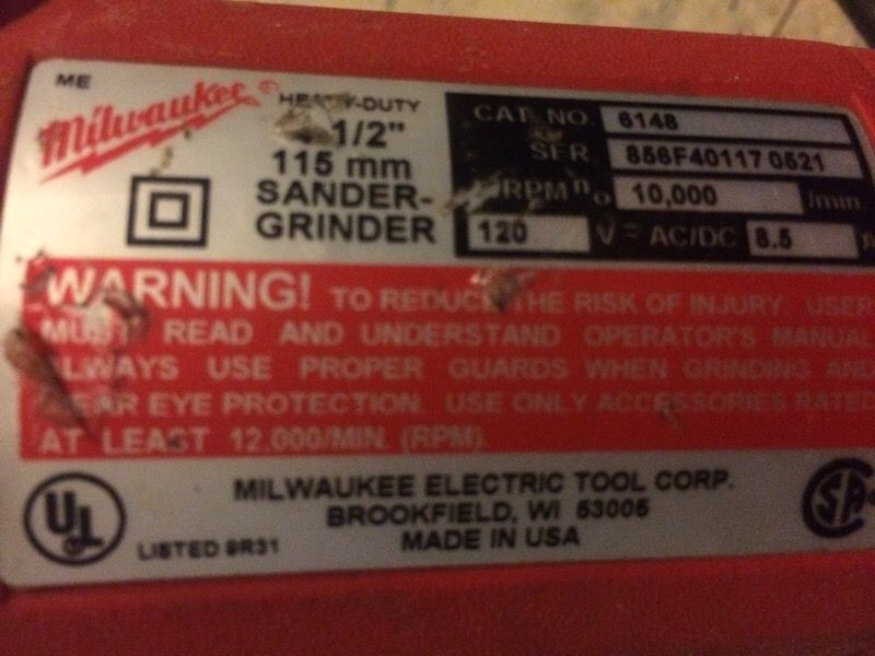 Milwaukee heve Duty 1 1/2 115 mm Sander grinder 10.000 RPM nanber 6148