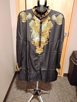 Black Gold Embroidered Dashiki Style Shirt Pants Outfit Size XL