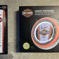 Harley Davidson Nostalgic Bar And Shield Clock And Thermometer