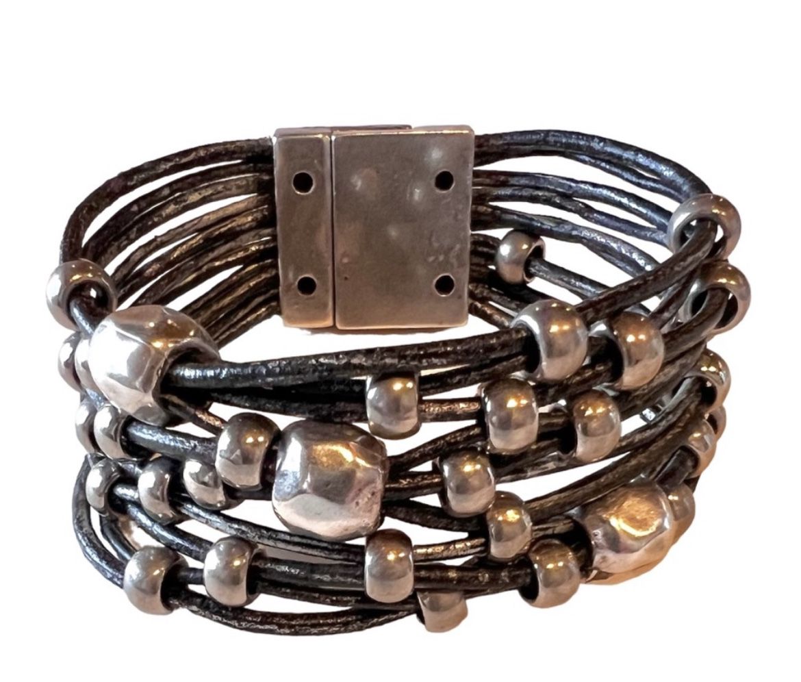 Metallic Leather Beaded Cuff Bracelet-Magnetic Closure-Ret $125