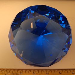 STUNNING - HUGE BLUE GLASS DIAMOND PAPERWEIGHT