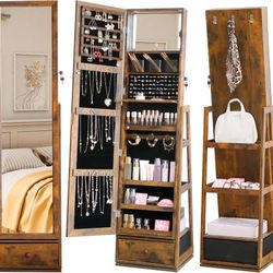 360° Swivel Full Length Mirror Jewelry Cabinet Standing With Built-In Mirror Jewelry Armoire With Mirror Drawers, Lockable Storage Christmas Gift Rust