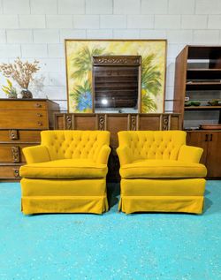 Vintage Tufted Yellow Lounge Chairs
