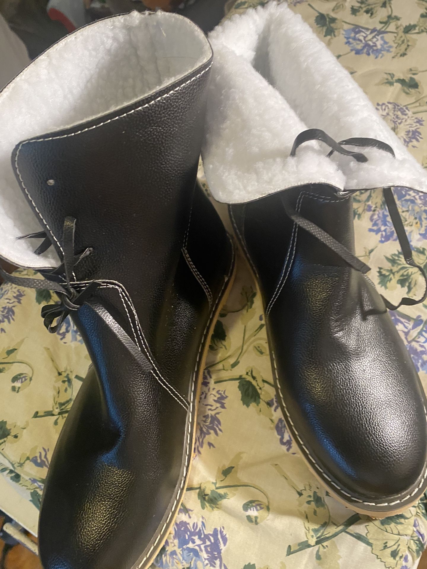Navy Blue Leather Look Boots With White Fursz 10