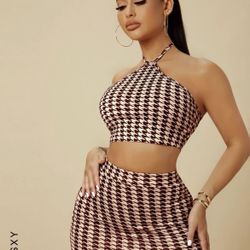 SHEIN SXY Houndstooth Print Tie Back Halter Top & Skirt