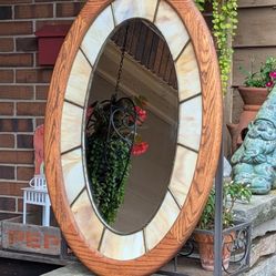 Vintage Leaded Stain Glass Oval Mirror With Wood Frame 