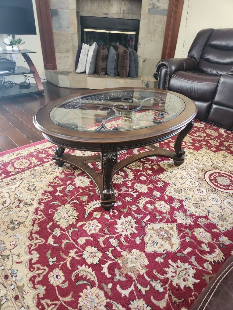 Living Room Wooden/Glass/Iron Coffee Table With Matching End Tables