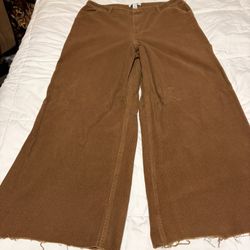Brown Corduroy Wide-Leg Pants Raw Hem Pockets Solid Casual