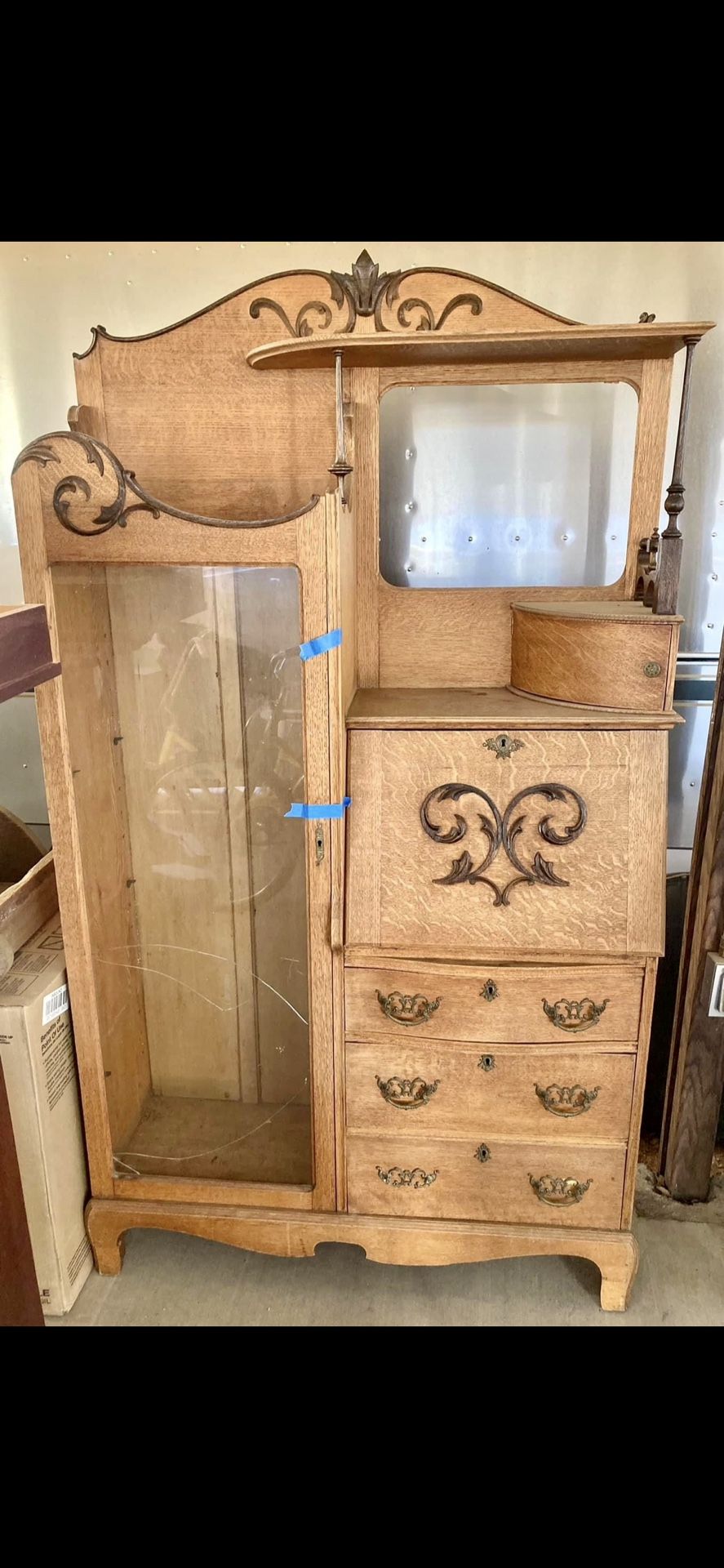 Antique Oak Side-by-Side Secretary – Needs Glass Repair