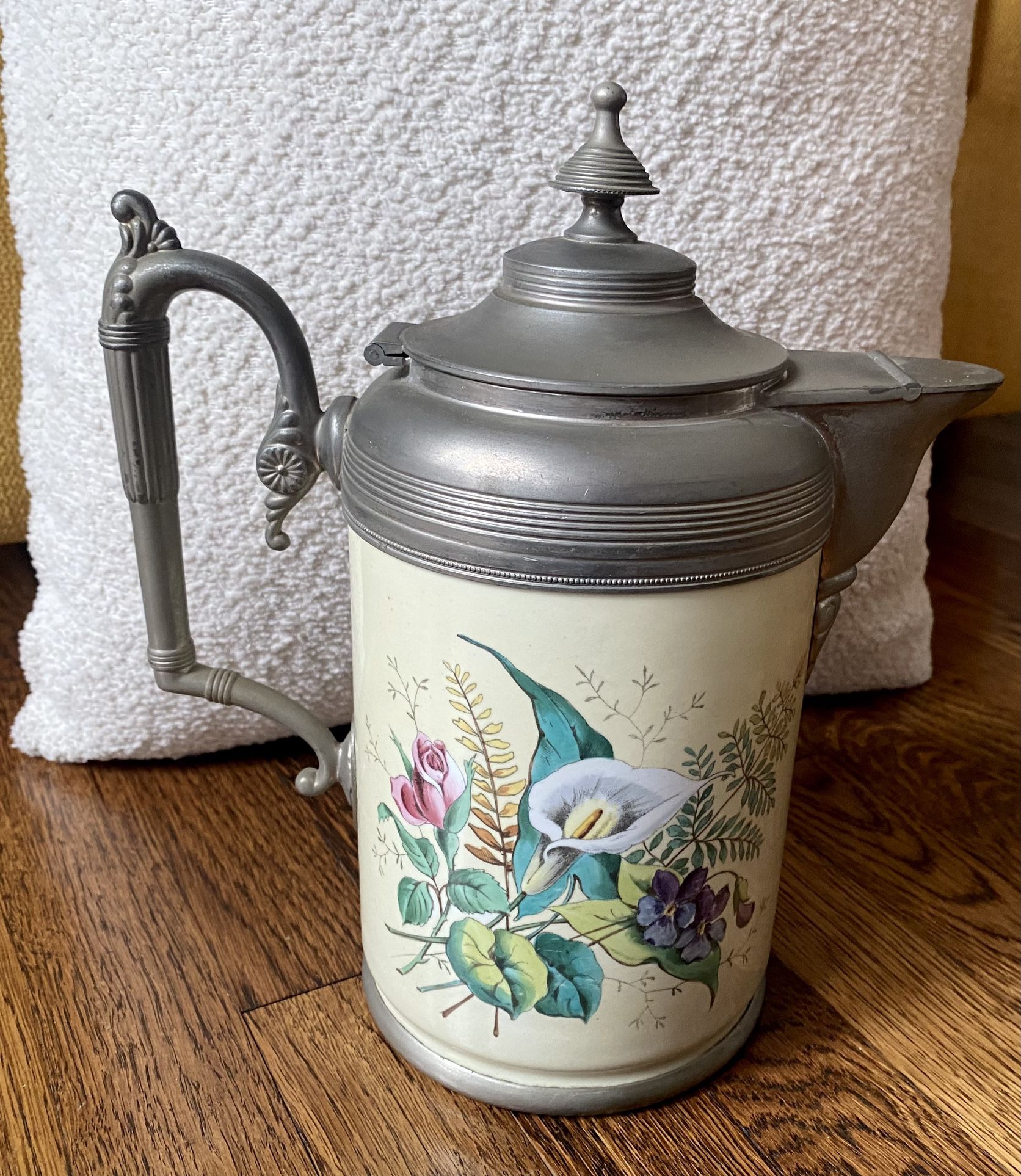 Victorian Pewter Enamel COFFEE POT Floral Bouquet Calla Lilly