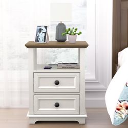 End Table with Fast USB C Charging Station, 18" Wide Tall Sofa Side Table with 2 Drawers, Large Storage Rustic Wood Square Storage Cabinet for Living 