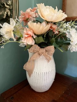 White Knit Vase with Faux Flowers