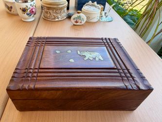 Vintage Hand-Carved Wooden Box with Brass Elephant Inlay
