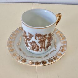 Vtg. Roman / Greek Figures 1950s Porcelain Demitasse Cup + Saucer Gold Accents