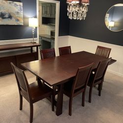 Crate and Barrel Solid Wood Dining Table with 6 Chairs and Buffet Set