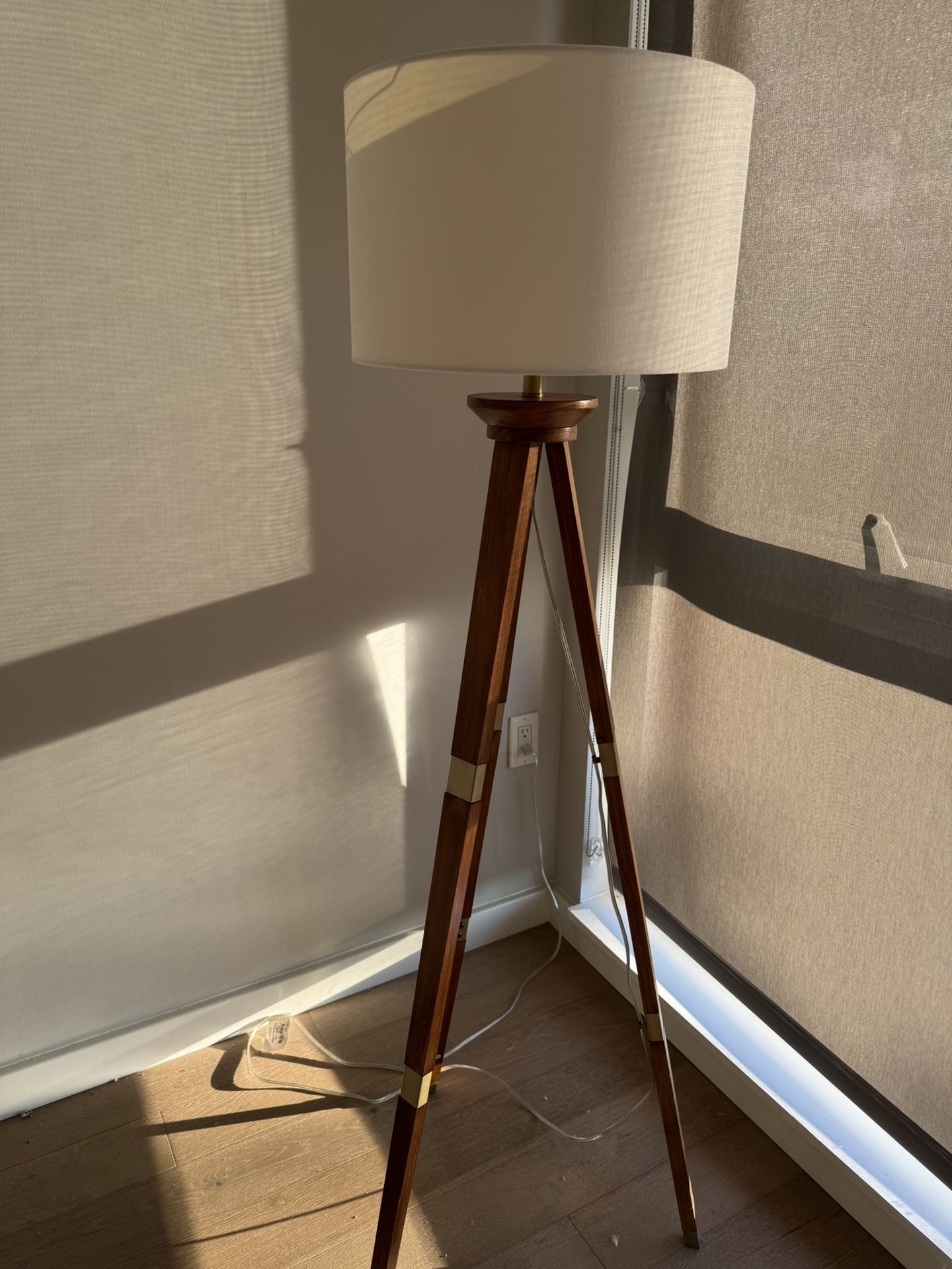 60"x16" Tripod Floor Lamp Oak Wood And Brass Finish