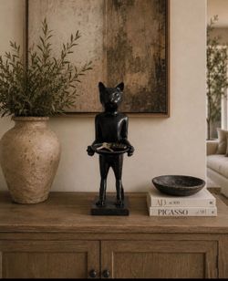 Vintage Diego Giacometti Style Butler Cat Sculpture | Rare Decorative Pedestal Tray Statue