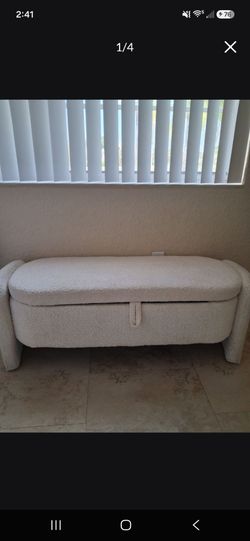 White Boucle Storage Bench
