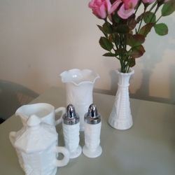 Several Piece Set Milk Glass W/ Floral