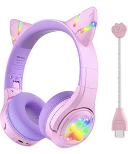 Cat Ear Kids Bluetooth Headphones with LED Light Up,Safe 85dB Volume Limit,Built-in Mic&Boom Mic for Calls
