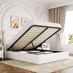 Full Size Velvet Lift Up Storage Bed, Modern White S-21
